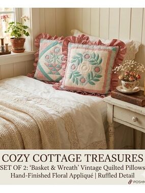 Vintage Quilted Throw Pillows | Set of 2 | Floral Basket & Wreath Appliqué